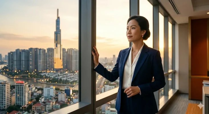 Nữ doanh nhân đứng bên cửa sổ nhìn toàn cảnh thành phố Hồ Chí Minh với tòa nhà Landmark 81 nổi bật trong ánh hoàng hôn vàng.