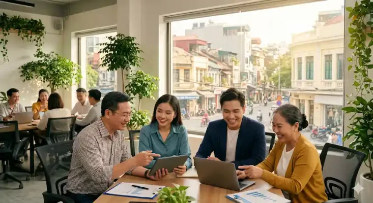 Bốn đồng nghiệp Việt Nam đang vui vẻ làm việc nhóm và thảo luận tại văn phòng hiện đại, nhìn ra cảnh đường phố nhộn nhịp.