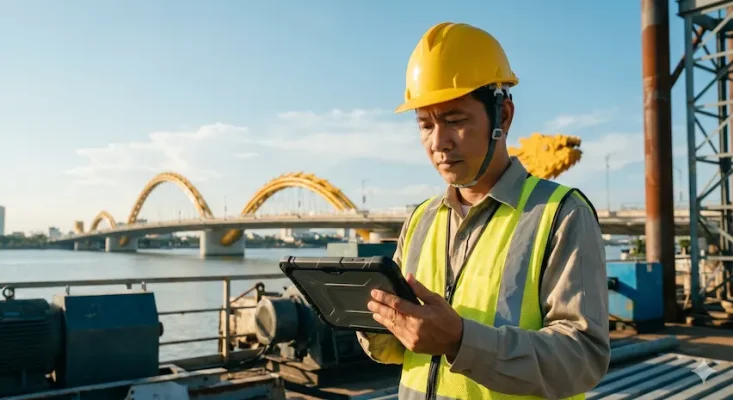 Kỹ sư đội mũ bảo hộ vàng, mặc áo phản quang đang làm việc với máy tính bảng tại công trường ven sông, phía sau là cầu Rồng Đà Nẵng.
