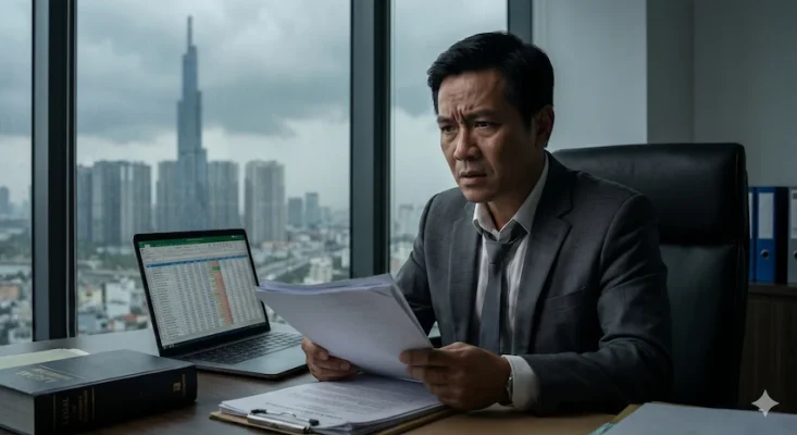 Người đàn ông trung niên mặc vest ngồi trong văn phòng, cau mày xem tài liệu, phía sau là cảnh quan thành phố với tòa nhà chọc trời và laptop mở bảng tính.