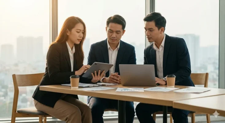 Ba chuyên gia kinh doanh đang thảo luận tại cuộc họp văn phòng, sử dụng máy tính bảng và laptop.